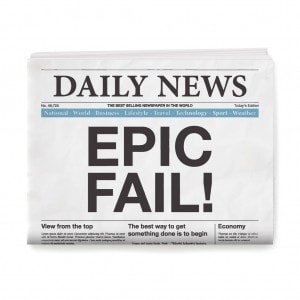 EPIC FAIL! Headline. Newspaper isolated on White Background