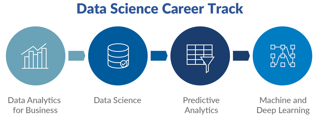 Data Science Career Track. Flow chart (from left to right): Data Analytics for Business. Data Science. Predictive Analytics. Machine and Deep Learning.