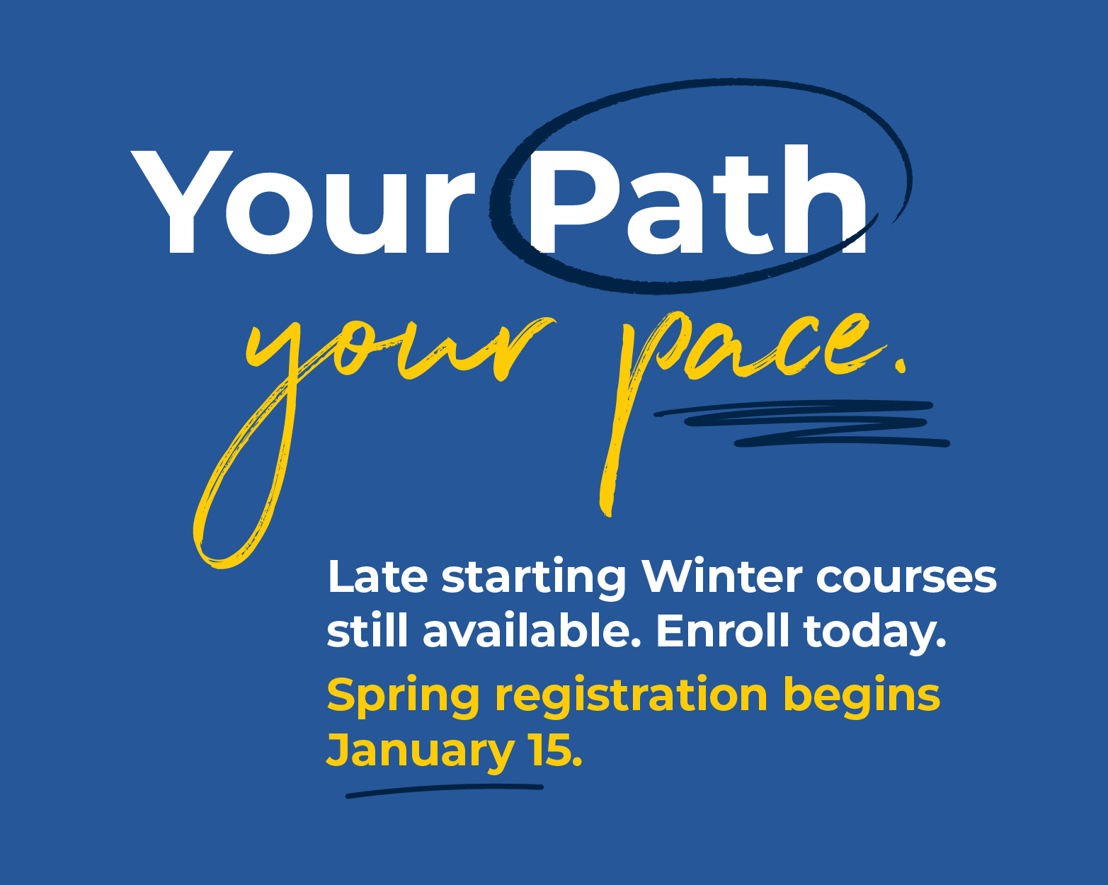 Your Path. Your Pace. Late starting Winter courses still available. Enroll today. Spring registration begins January 15.